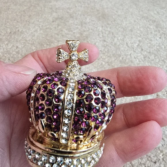 Rhinestone Crown Trinket Box Purple Crystal Gold Tone Jewelry Holder Royal - Picture 8 of 14